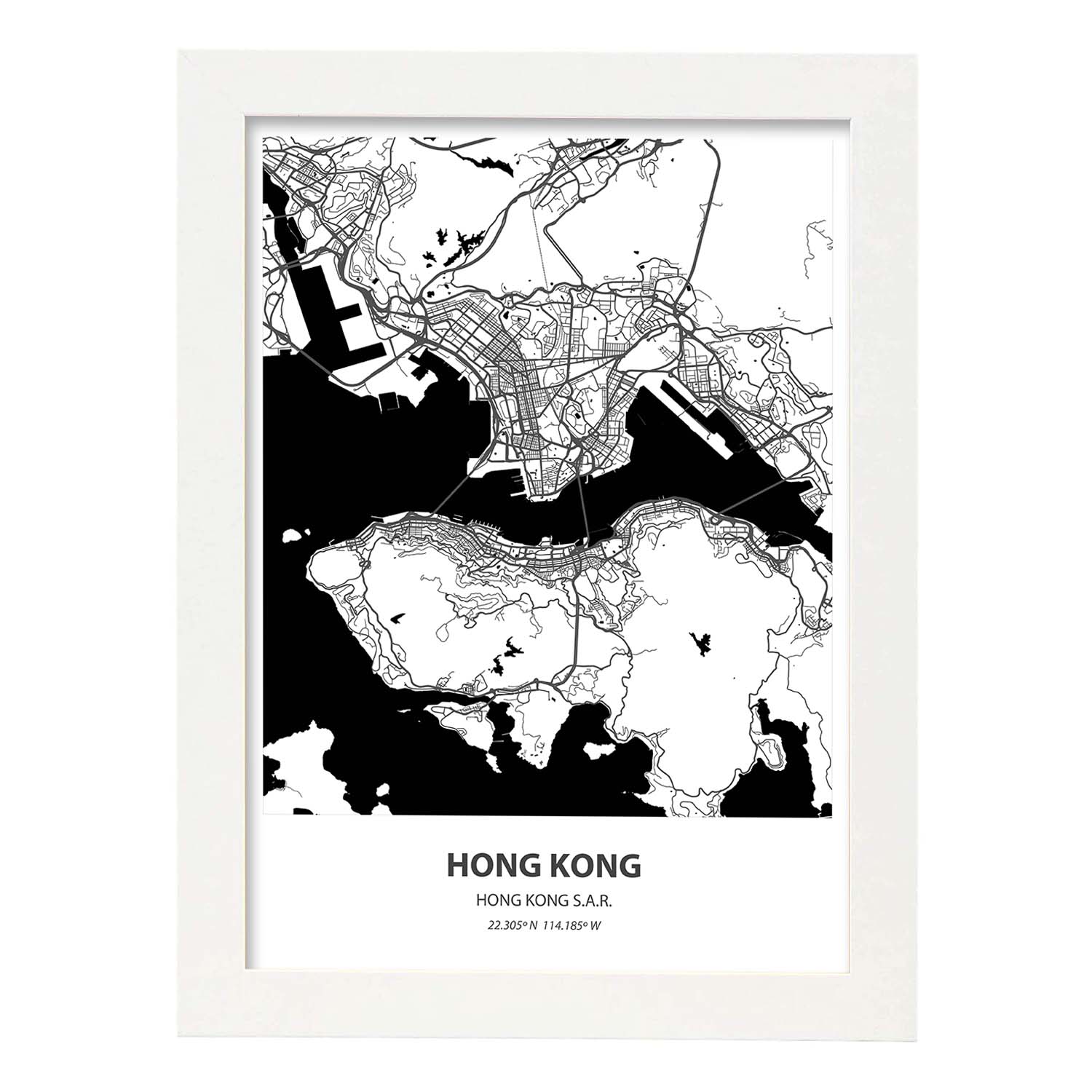 Poster con mapa de Hong Kong - Hong Kong. Láminas de ciudades de Asia con mares y ríos en color negro.-Artwork-Nacnic-A4-Marco Blanco-Nacnic Estudio SL