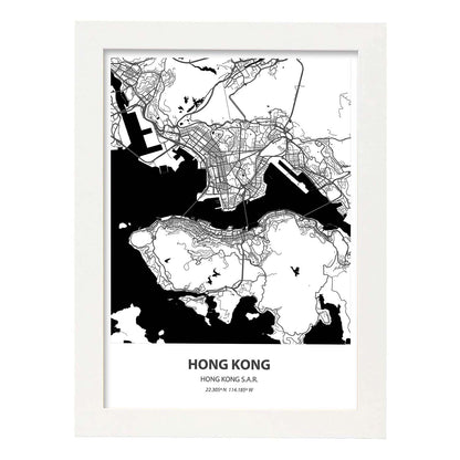 Poster con mapa de Hong Kong - Hong Kong. Láminas de ciudades de Asia con mares y ríos en color negro.-Artwork-Nacnic-A4-Marco Blanco-Nacnic Estudio SL