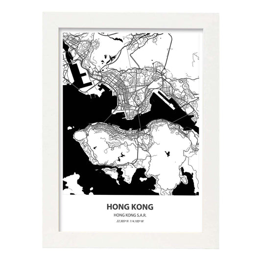 Poster con mapa de Hong Kong - Hong Kong. Láminas de ciudades de Asia con mares y ríos en color negro.-Artwork-Nacnic-A4-Marco Blanco-Nacnic Estudio SL