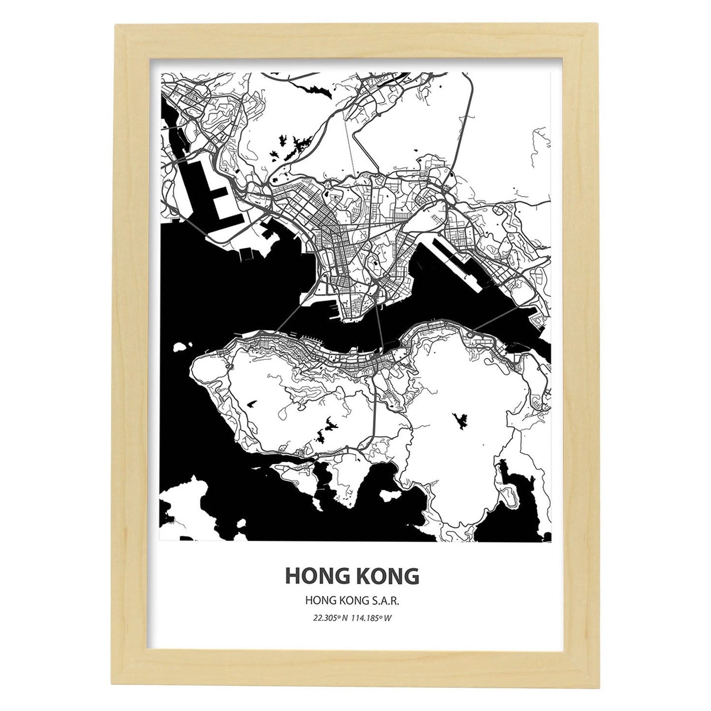 Poster con mapa de Hong Kong - Hong Kong. Láminas de ciudades de Asia con mares y ríos en color negro.-Artwork-Nacnic-A4-Marco Madera clara-Nacnic Estudio SL