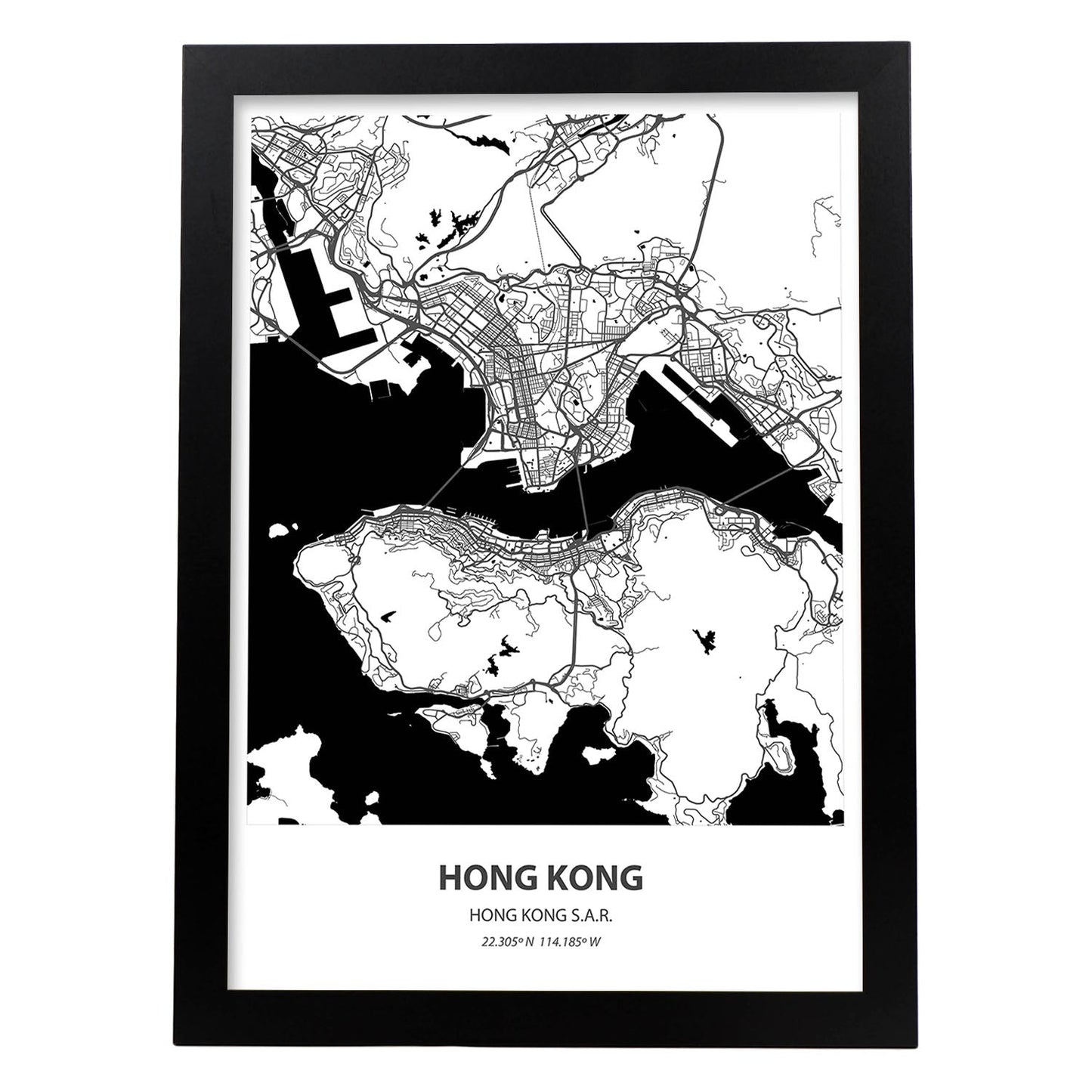 Poster con mapa de Hong Kong - Hong Kong. Láminas de ciudades de Asia con mares y ríos en color negro.-Artwork-Nacnic-A4-Marco Negro-Nacnic Estudio SL