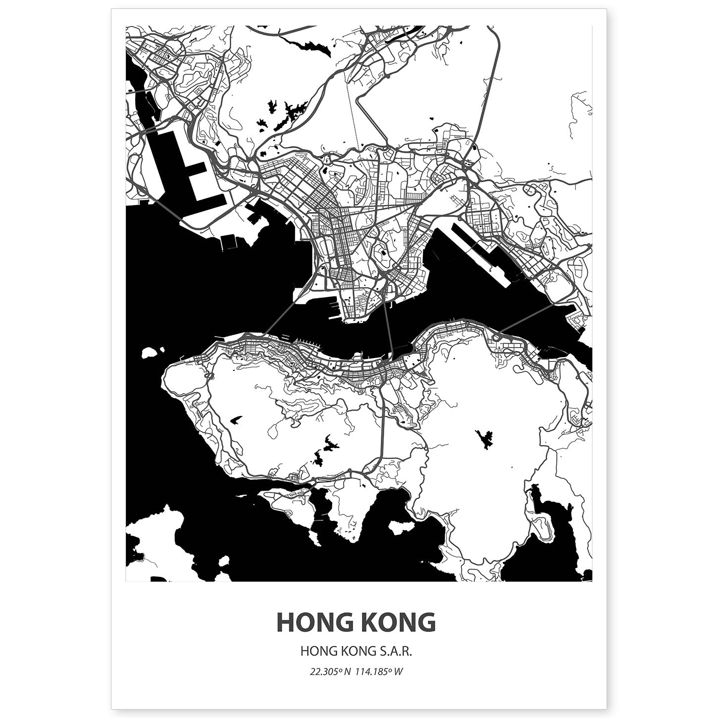 Poster con mapa de Hong Kong - Hong Kong. Láminas de ciudades de Asia con mares y ríos en color negro.-Artwork-Nacnic-A4-Sin marco-Nacnic Estudio SL