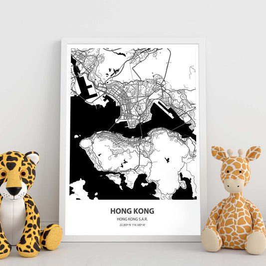 Poster con mapa de Hong Kong - Hong Kong. Láminas de ciudades de Asia con mares y ríos en color negro.-Artwork-Nacnic-Nacnic Estudio SL