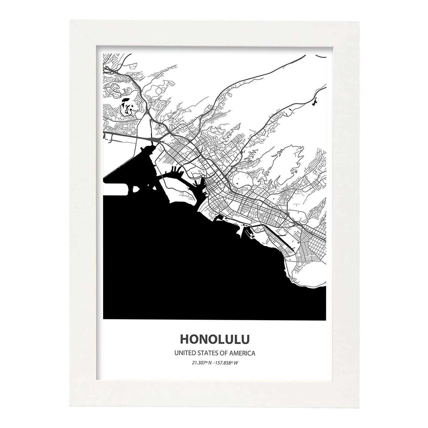 Poster con mapa de Honolulu - USA. Láminas de ciudades de Estados Unidos con mares y ríos en color negro.-Artwork-Nacnic-A3-Marco Blanco-Nacnic Estudio SL