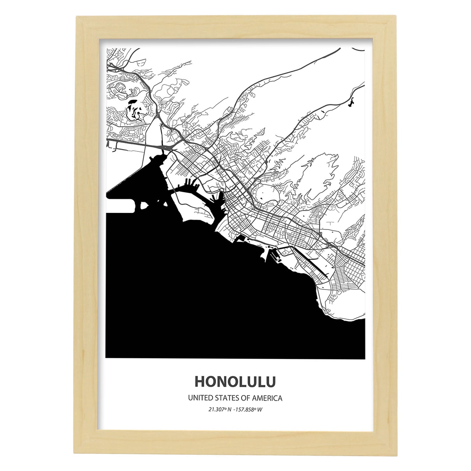 Poster con mapa de Honolulu - USA. Láminas de ciudades de Estados Unidos con mares y ríos en color negro.-Artwork-Nacnic-A3-Marco Madera clara-Nacnic Estudio SL