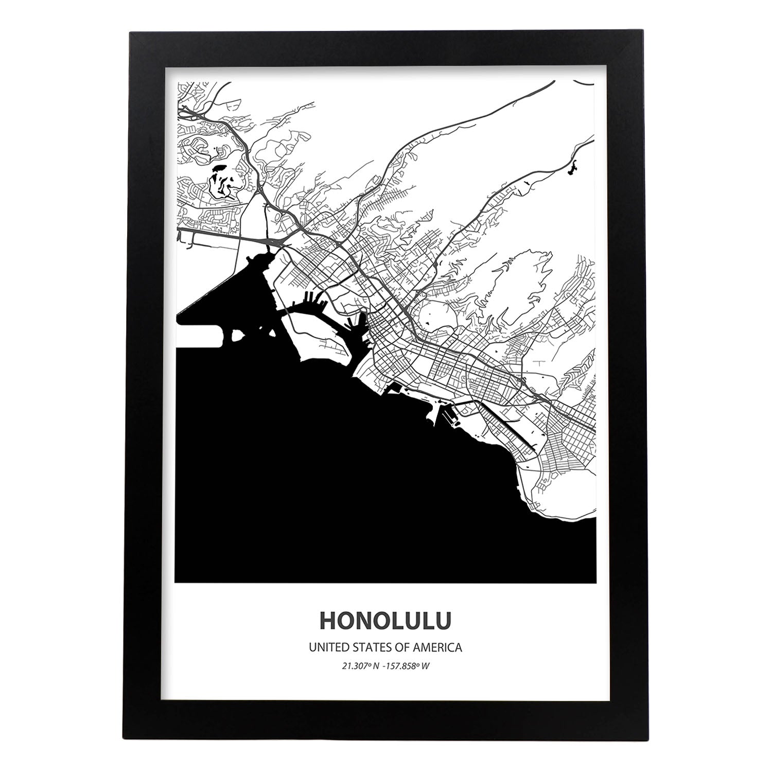 Poster con mapa de Honolulu - USA. Láminas de ciudades de Estados Unidos con mares y ríos en color negro.-Artwork-Nacnic-A3-Marco Negro-Nacnic Estudio SL