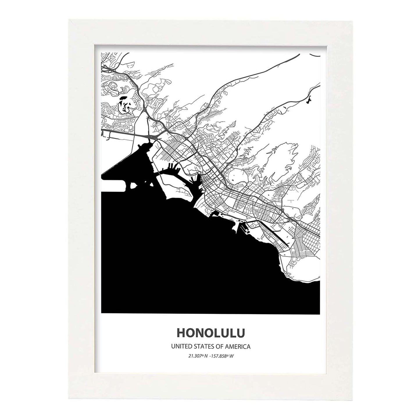 Poster con mapa de Honolulu - USA. Láminas de ciudades de Estados Unidos con mares y ríos en color negro.-Artwork-Nacnic-A4-Marco Blanco-Nacnic Estudio SL