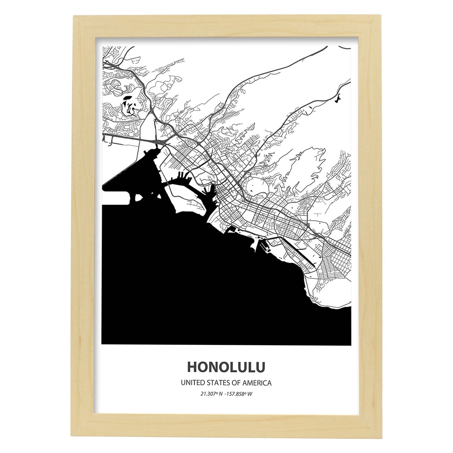 Poster con mapa de Honolulu - USA. Láminas de ciudades de Estados Unidos con mares y ríos en color negro.-Artwork-Nacnic-A4-Marco Madera clara-Nacnic Estudio SL