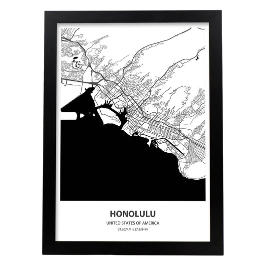 Poster con mapa de Honolulu - USA. Láminas de ciudades de Estados Unidos con mares y ríos en color negro.-Artwork-Nacnic-A4-Marco Negro-Nacnic Estudio SL