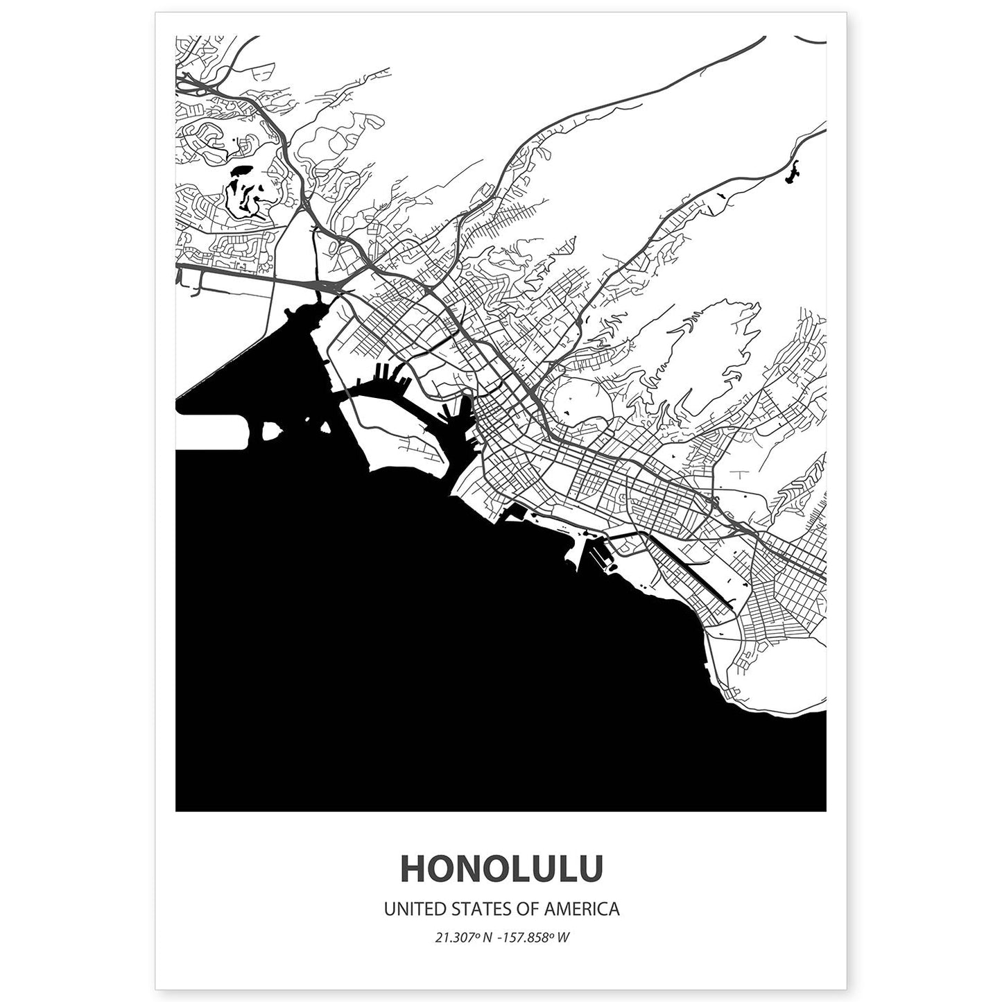 Poster con mapa de Honolulu - USA. Láminas de ciudades de Estados Unidos con mares y ríos en color negro.-Artwork-Nacnic-A4-Sin marco-Nacnic Estudio SL