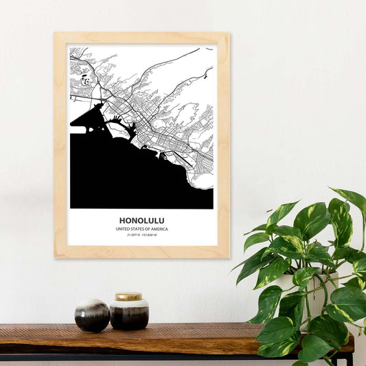 Poster con mapa de Honolulu - USA. Láminas de ciudades de Estados Unidos con mares y ríos en color negro.-Artwork-Nacnic-Nacnic Estudio SL