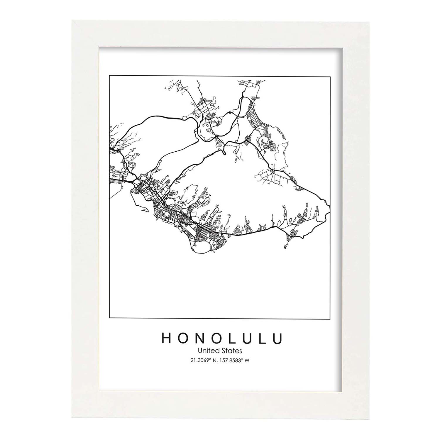 Poster con mapa de Honolulu. Lámina de Estados Unidos, con imágenes de mapas y carreteras-Artwork-Nacnic-A3-Marco Blanco-Nacnic Estudio SL