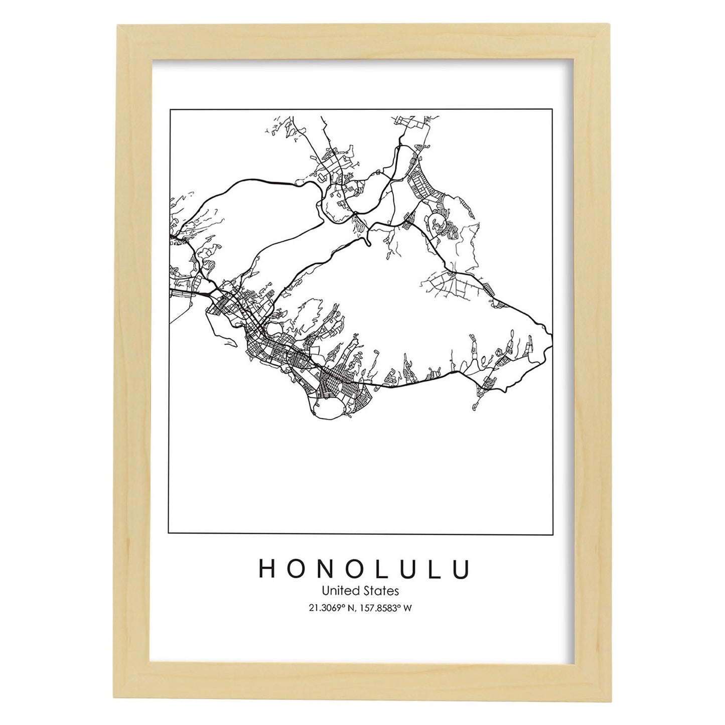 Poster con mapa de Honolulu. Lámina de Estados Unidos, con imágenes de mapas y carreteras-Artwork-Nacnic-A3-Marco Madera clara-Nacnic Estudio SL