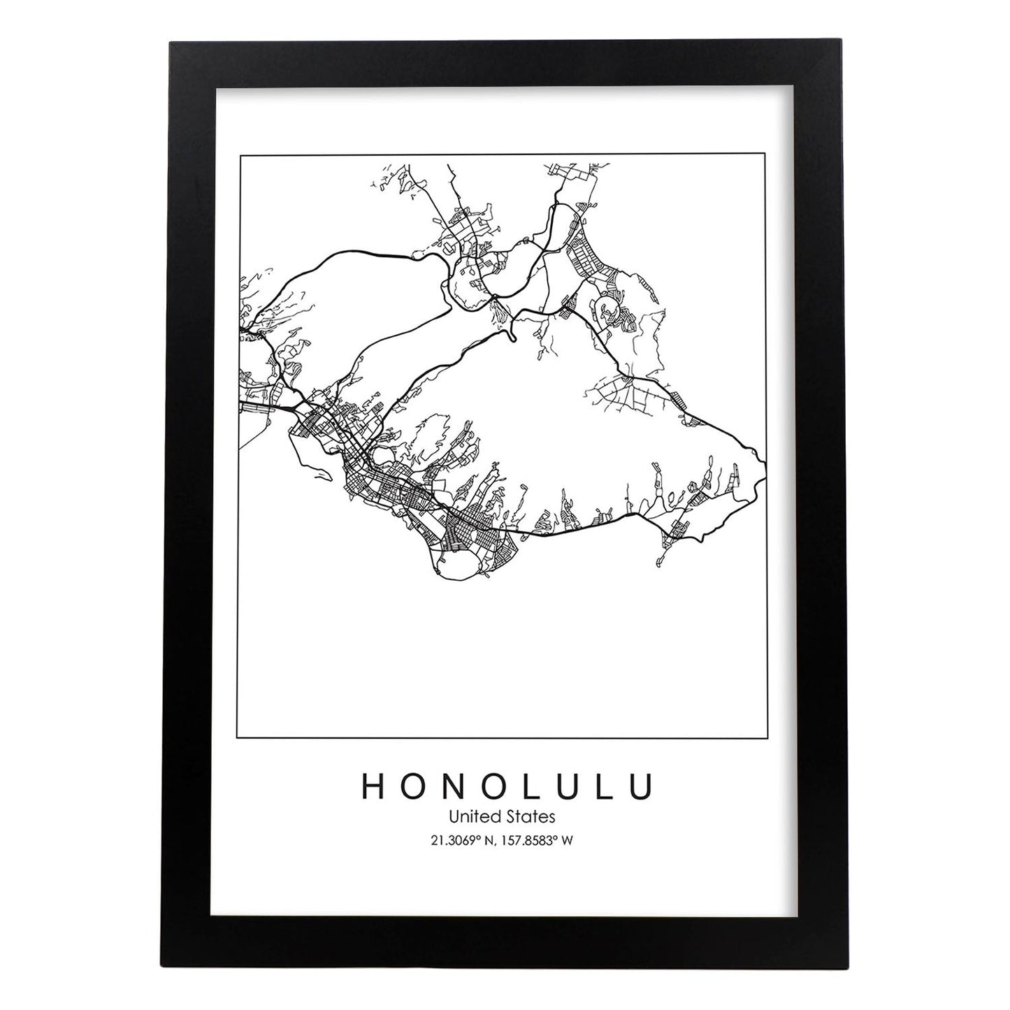 Poster con mapa de Honolulu. Lámina de Estados Unidos, con imágenes de mapas y carreteras-Artwork-Nacnic-A3-Marco Negro-Nacnic Estudio SL