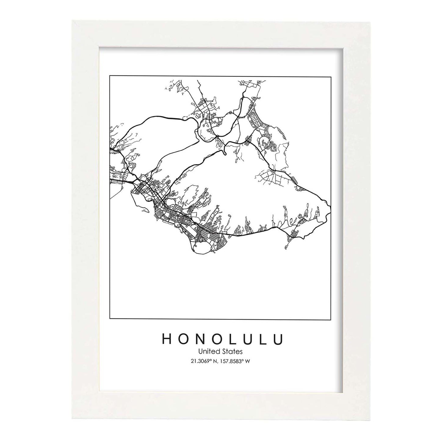 Poster con mapa de Honolulu. Lámina de Estados Unidos, con imágenes de mapas y carreteras-Artwork-Nacnic-A4-Marco Blanco-Nacnic Estudio SL