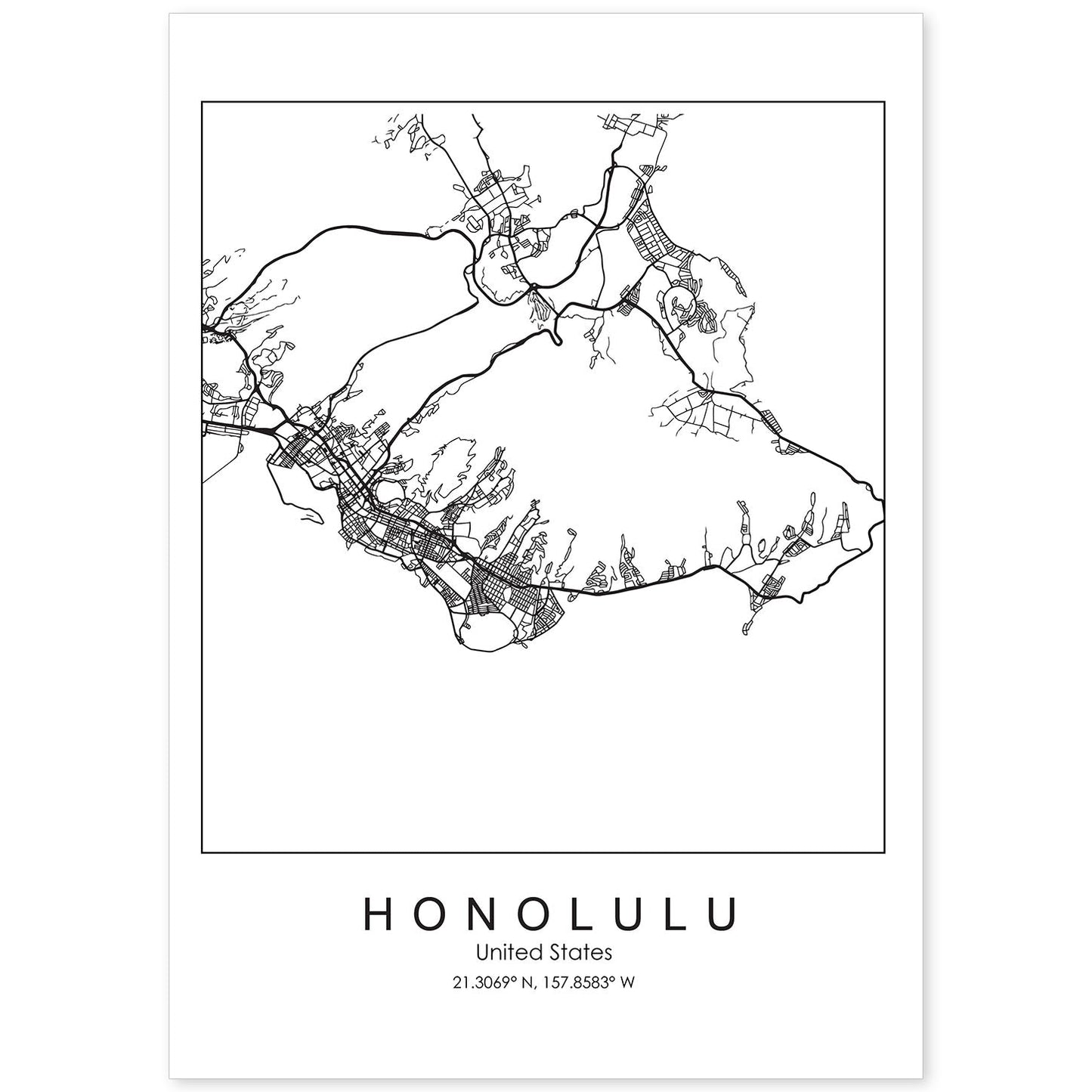 Poster con mapa de Honolulu. Lámina de Estados Unidos, con imágenes de mapas y carreteras-Artwork-Nacnic-A4-Sin marco-Nacnic Estudio SL
