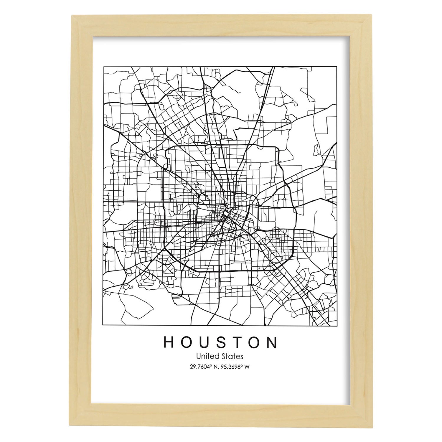 Poster con mapa de HoUSAton. Lámina de Estados Unidos, con imágenes de mapas y carreteras-Artwork-Nacnic-A3-Marco Madera clara-Nacnic Estudio SL