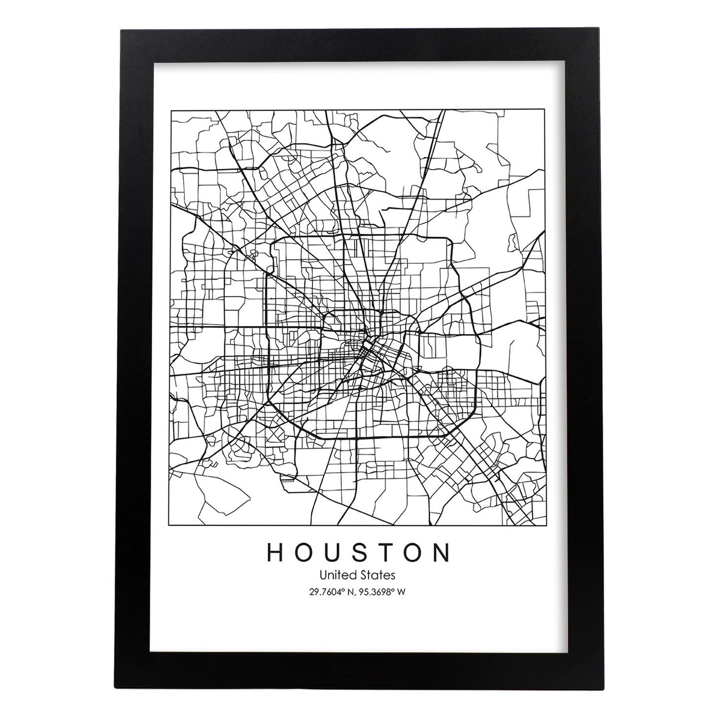 Poster con mapa de HoUSAton. Lámina de Estados Unidos, con imágenes de mapas y carreteras-Artwork-Nacnic-A3-Marco Negro-Nacnic Estudio SL