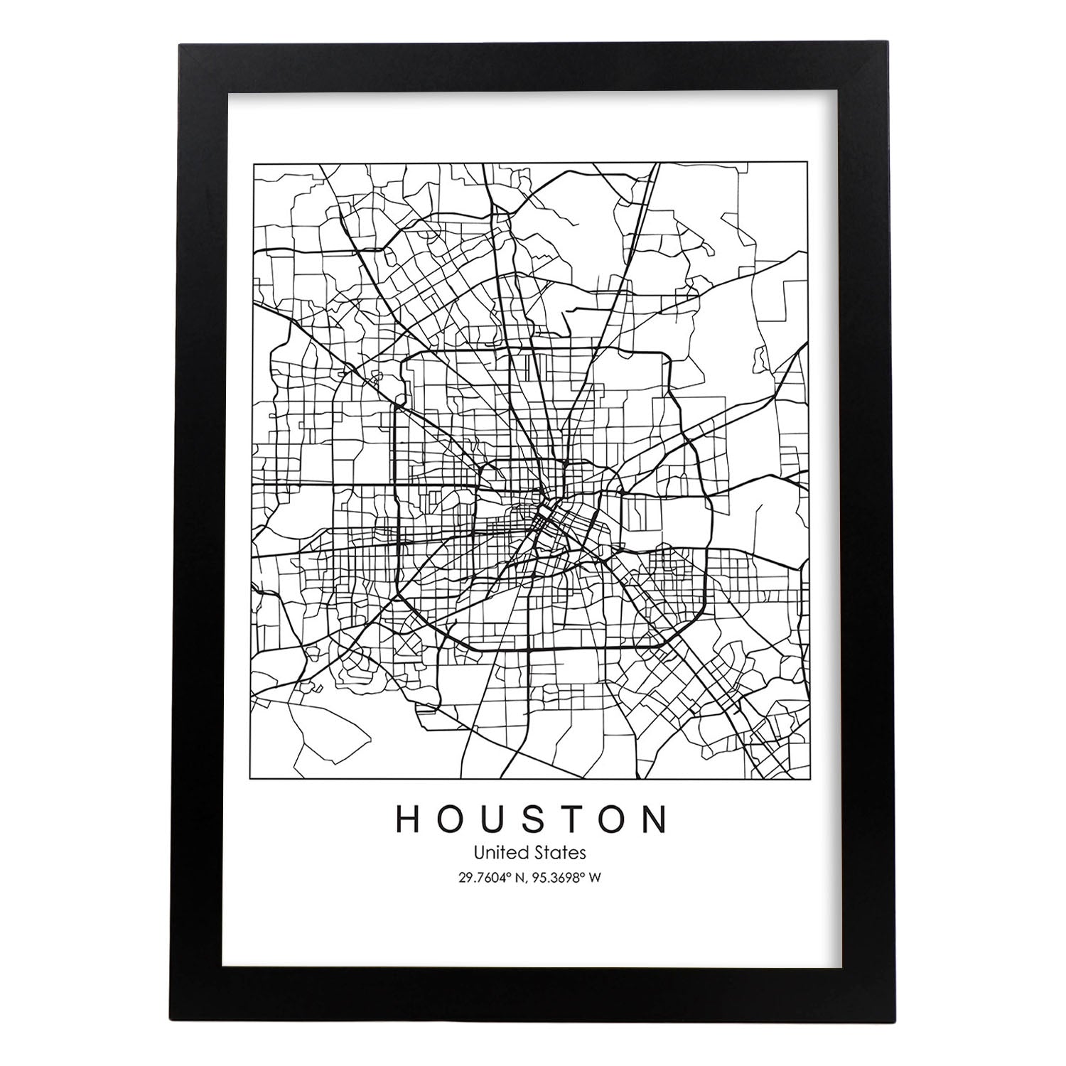 Poster con mapa de HoUSAton. Lámina de Estados Unidos, con imágenes de mapas y carreteras-Artwork-Nacnic-A3-Marco Negro-Nacnic Estudio SL