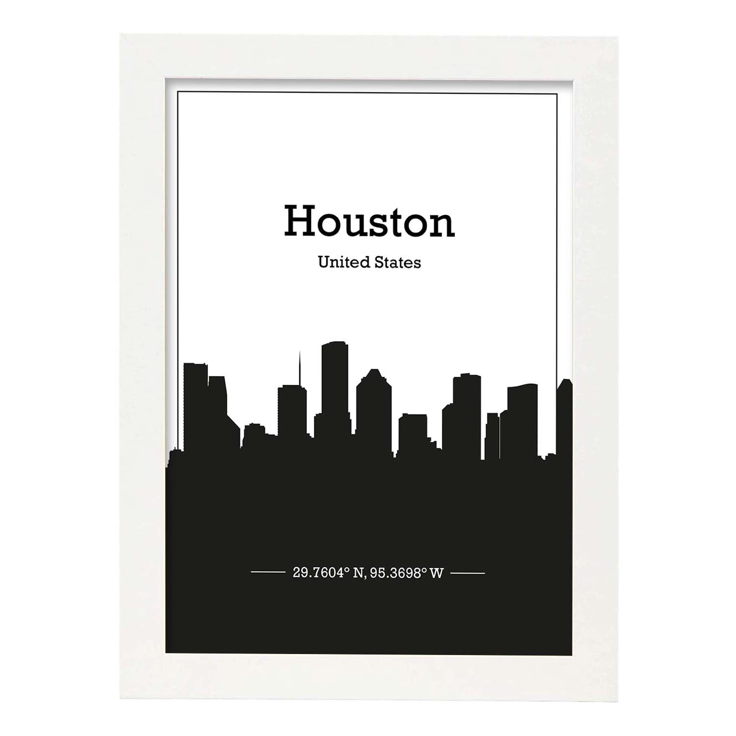 Poster con mapa de Houston - USA. Láminas con Skyline de ciudades de Estados Unidos, Canada, Mexico con sombra negra.-Artwork-Nacnic-A3-Marco Blanco-Nacnic Estudio SL