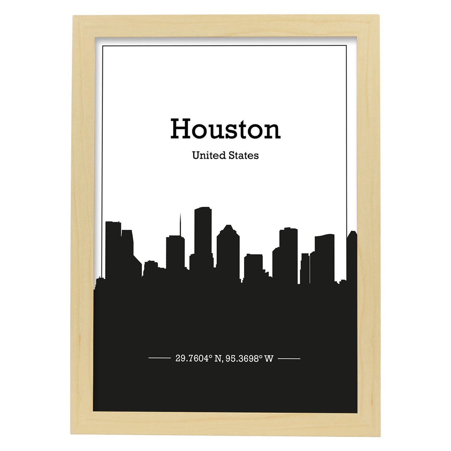 Poster con mapa de Houston - USA. Láminas con Skyline de ciudades de Estados Unidos, Canada, Mexico con sombra negra.-Artwork-Nacnic-A3-Marco Madera clara-Nacnic Estudio SL