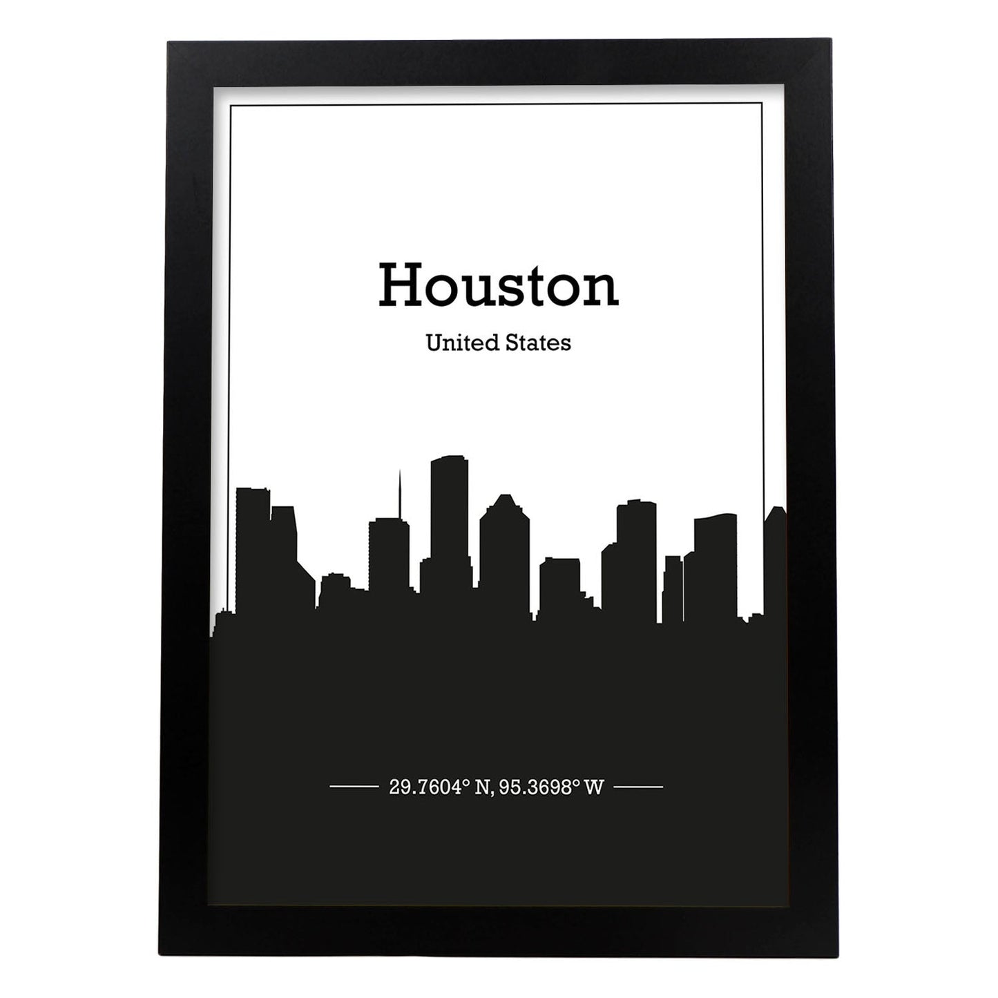 Poster con mapa de Houston - USA. Láminas con Skyline de ciudades de Estados Unidos, Canada, Mexico con sombra negra.-Artwork-Nacnic-A3-Marco Negro-Nacnic Estudio SL