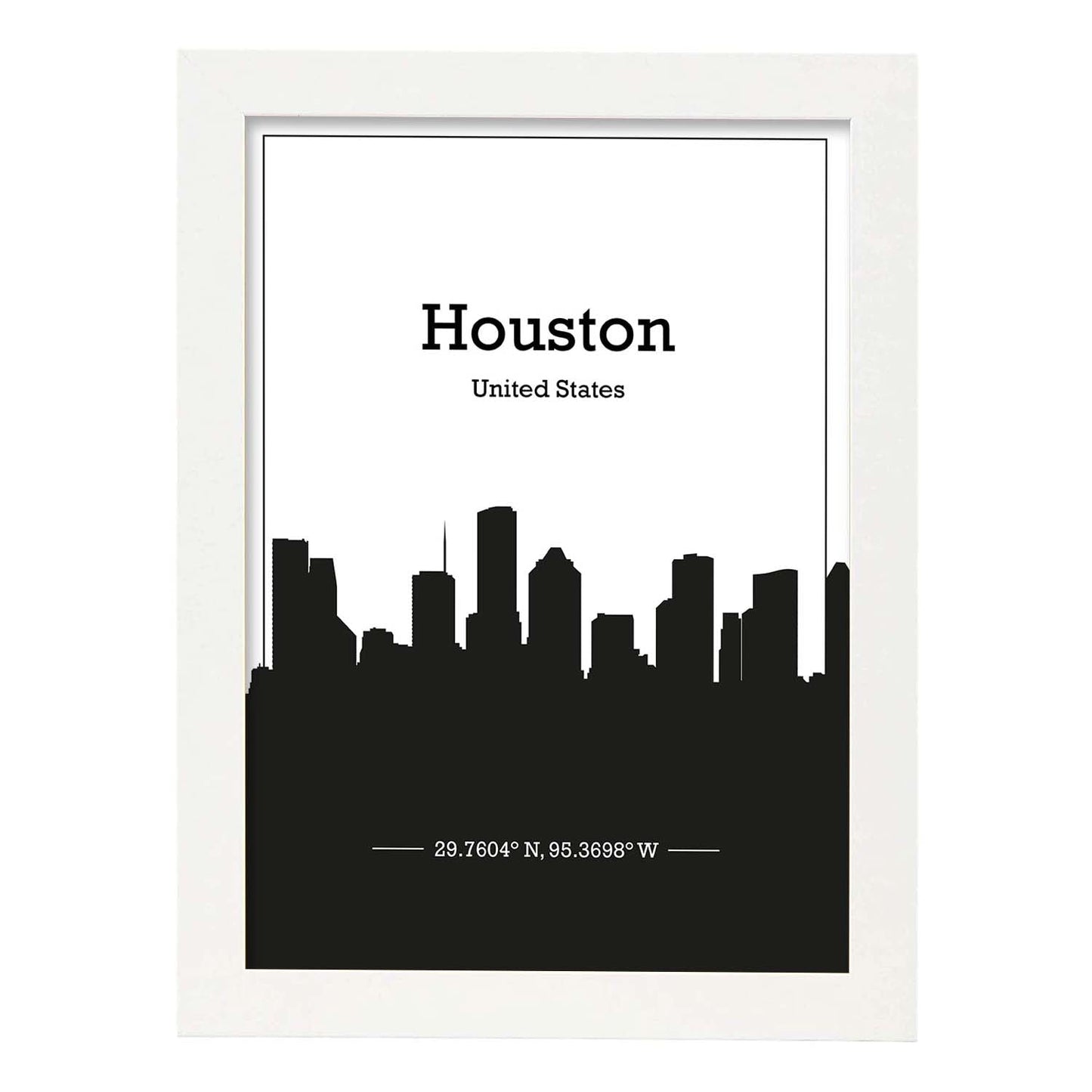 Poster con mapa de Houston - USA. Láminas con Skyline de ciudades de Estados Unidos, Canada, Mexico con sombra negra.-Artwork-Nacnic-A4-Marco Blanco-Nacnic Estudio SL