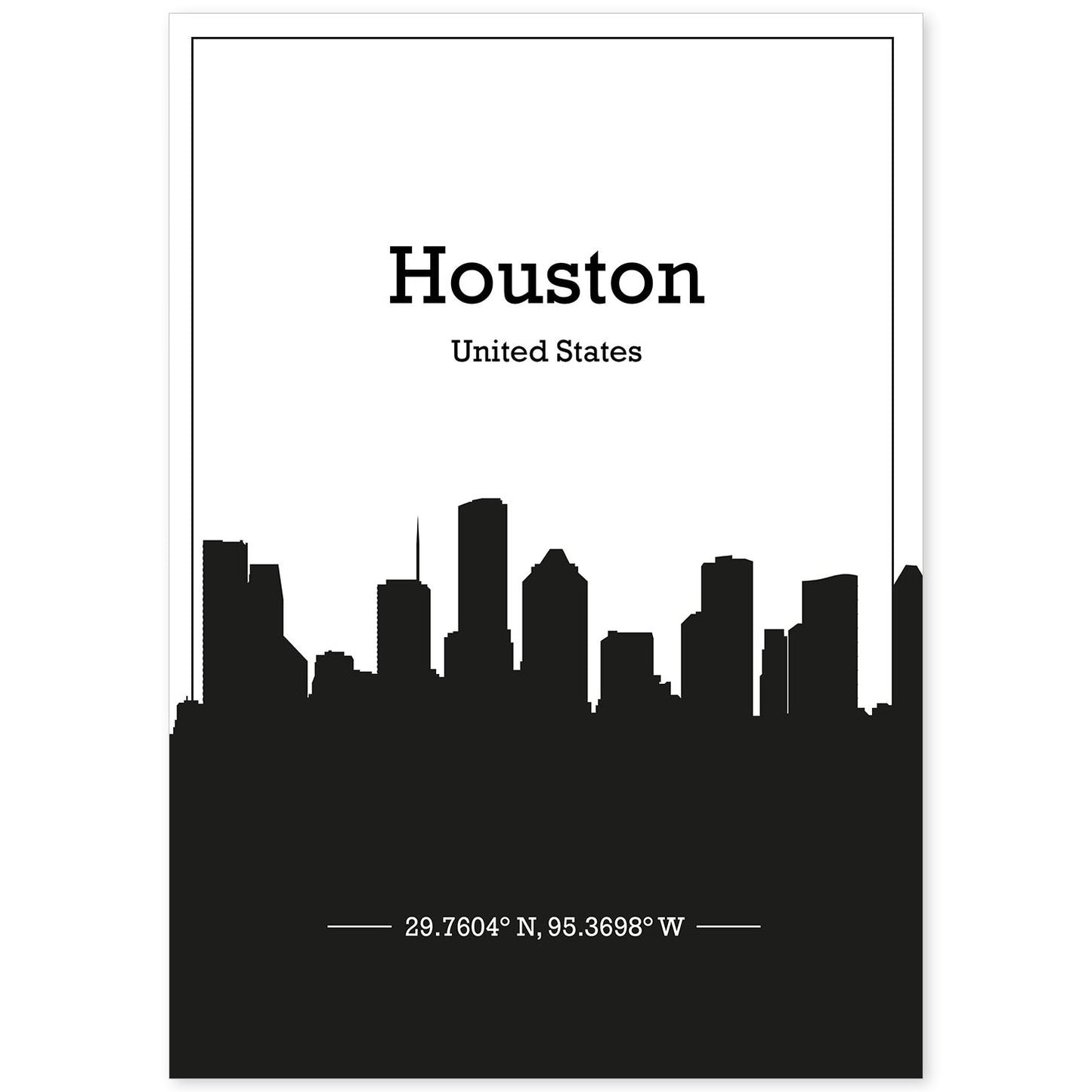Poster con mapa de Houston - USA. Láminas con Skyline de ciudades de Estados Unidos, Canada, Mexico con sombra negra.-Artwork-Nacnic-A4-Sin marco-Nacnic Estudio SL