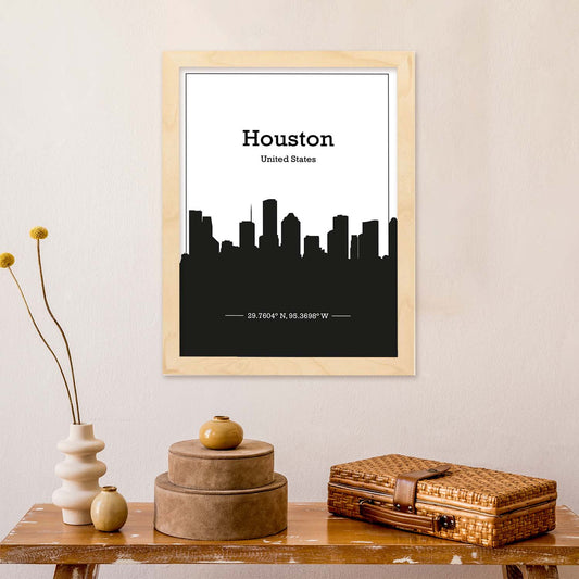 Poster con mapa de Houston - USA. Láminas con Skyline de ciudades de Estados Unidos, Canada, Mexico con sombra negra.-Artwork-Nacnic-Nacnic Estudio SL
