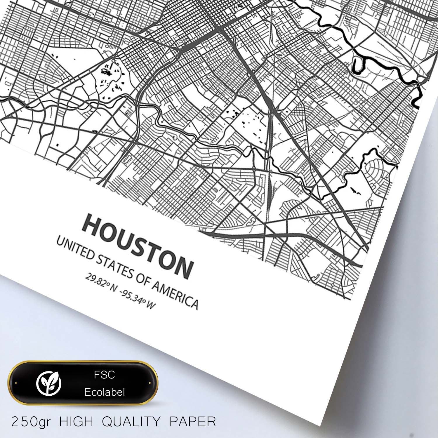 Poster con mapa de Houstonp - USA. Láminas de ciudades de Estados Unidos con mares y ríos en color negro.-Artwork-Nacnic-Nacnic Estudio SL