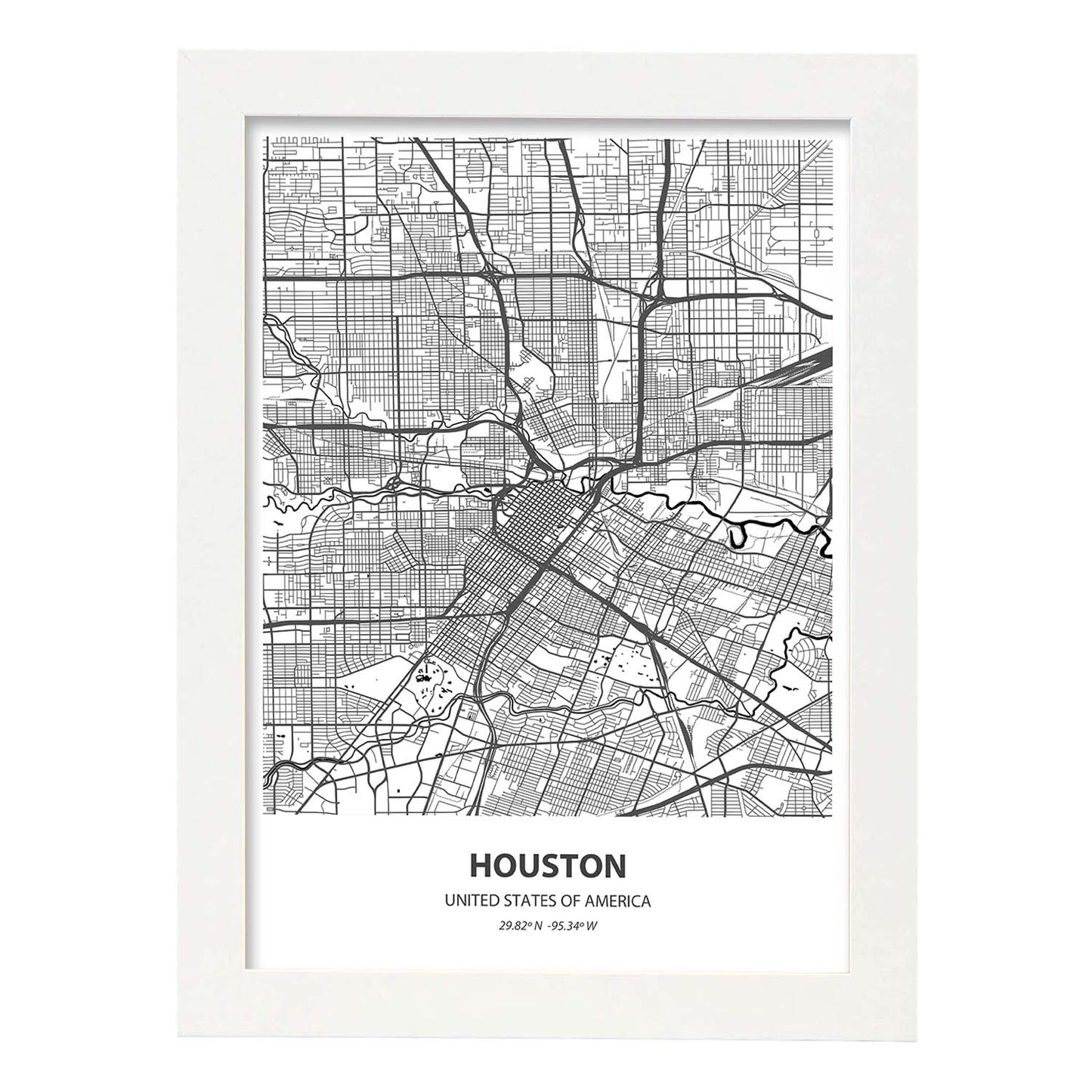 Poster con mapa de Houstonp - USA. Láminas de ciudades de Estados Unidos con mares y ríos en color negro.-Artwork-Nacnic-A3-Marco Blanco-Nacnic Estudio SL