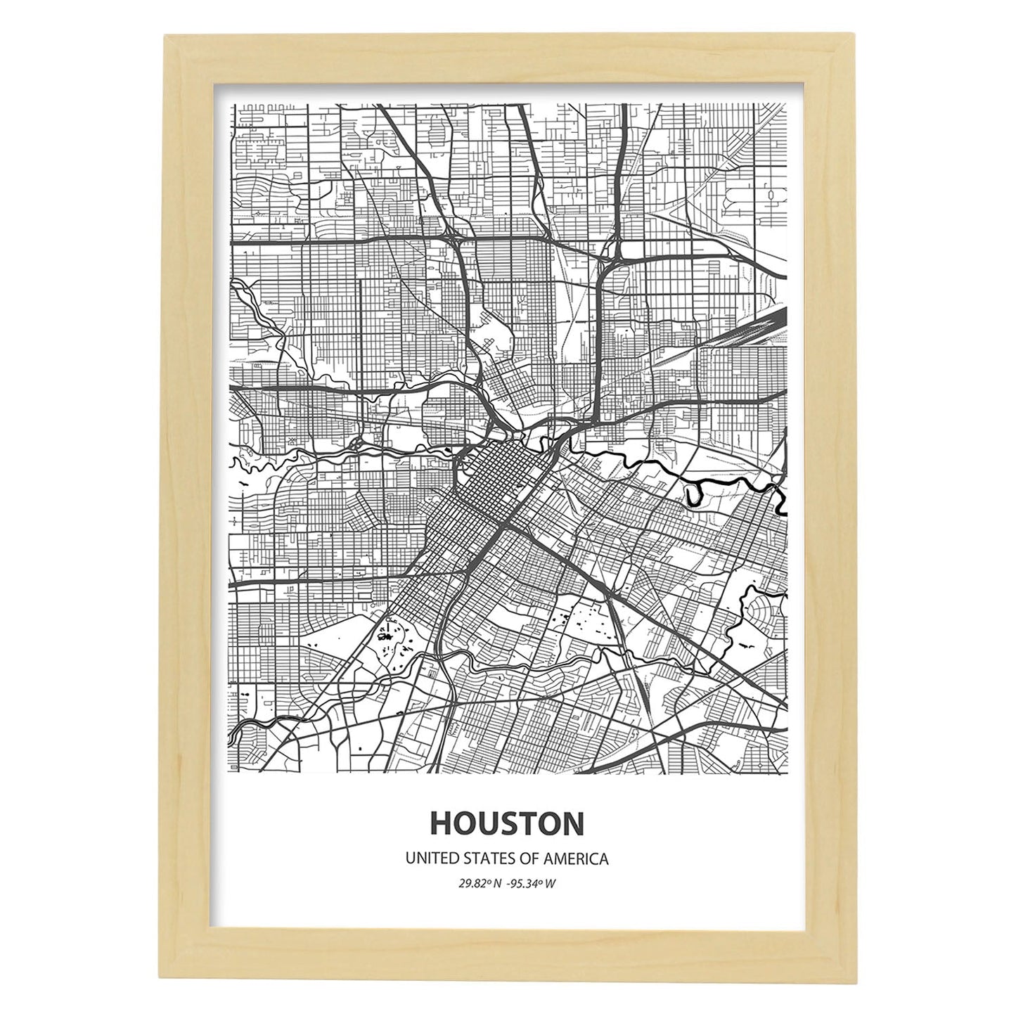 Poster con mapa de Houstonp - USA. Láminas de ciudades de Estados Unidos con mares y ríos en color negro.-Artwork-Nacnic-A3-Marco Madera clara-Nacnic Estudio SL