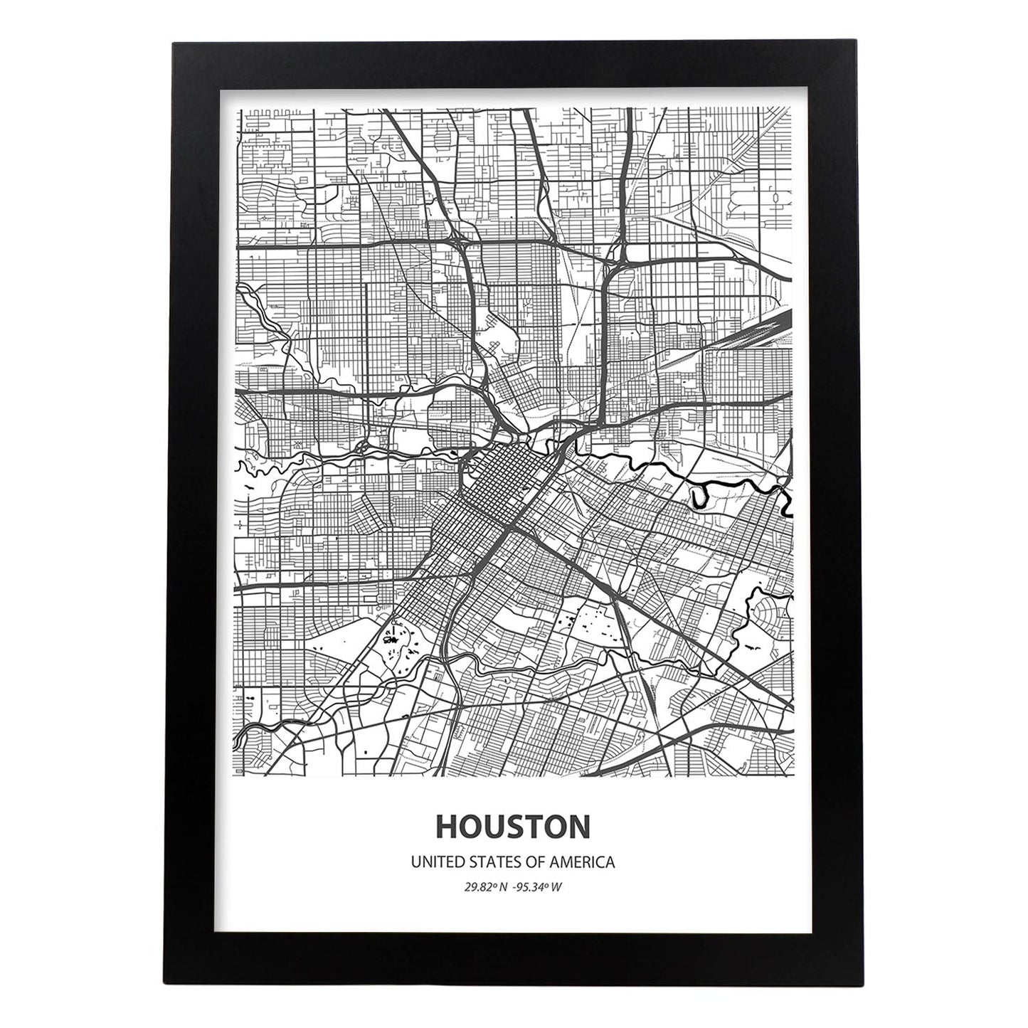Poster con mapa de Houstonp - USA. Láminas de ciudades de Estados Unidos con mares y ríos en color negro.-Artwork-Nacnic-A3-Marco Negro-Nacnic Estudio SL