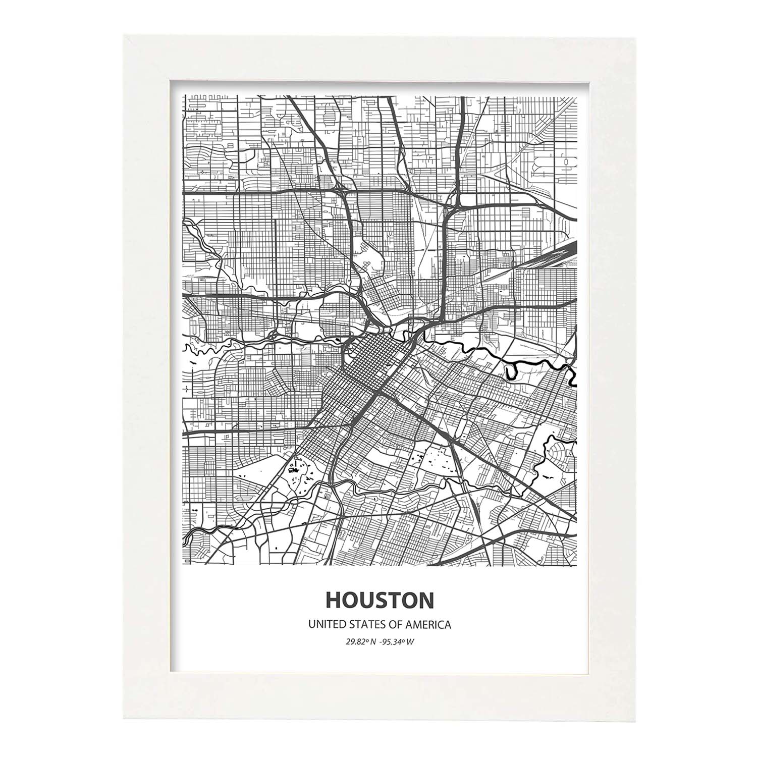 Poster con mapa de Houstonp - USA. Láminas de ciudades de Estados Unidos con mares y ríos en color negro.-Artwork-Nacnic-A4-Marco Blanco-Nacnic Estudio SL