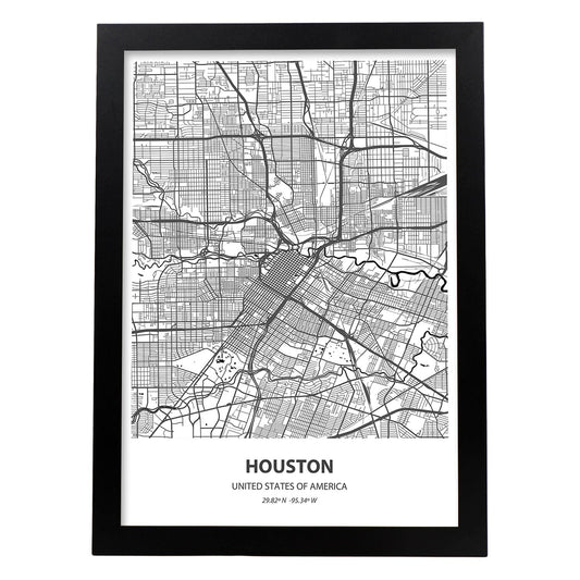 Poster con mapa de Houstonp - USA. Láminas de ciudades de Estados Unidos con mares y ríos en color negro.-Artwork-Nacnic-A4-Marco Negro-Nacnic Estudio SL