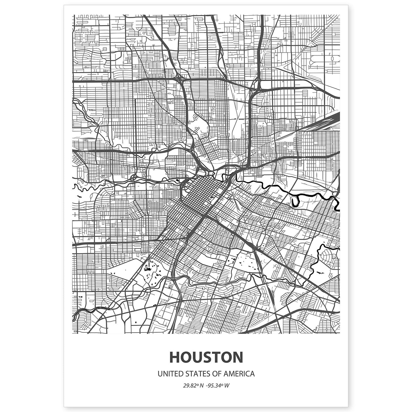 Poster con mapa de Houstonp - USA. Láminas de ciudades de Estados Unidos con mares y ríos en color negro.-Artwork-Nacnic-A4-Sin marco-Nacnic Estudio SL
