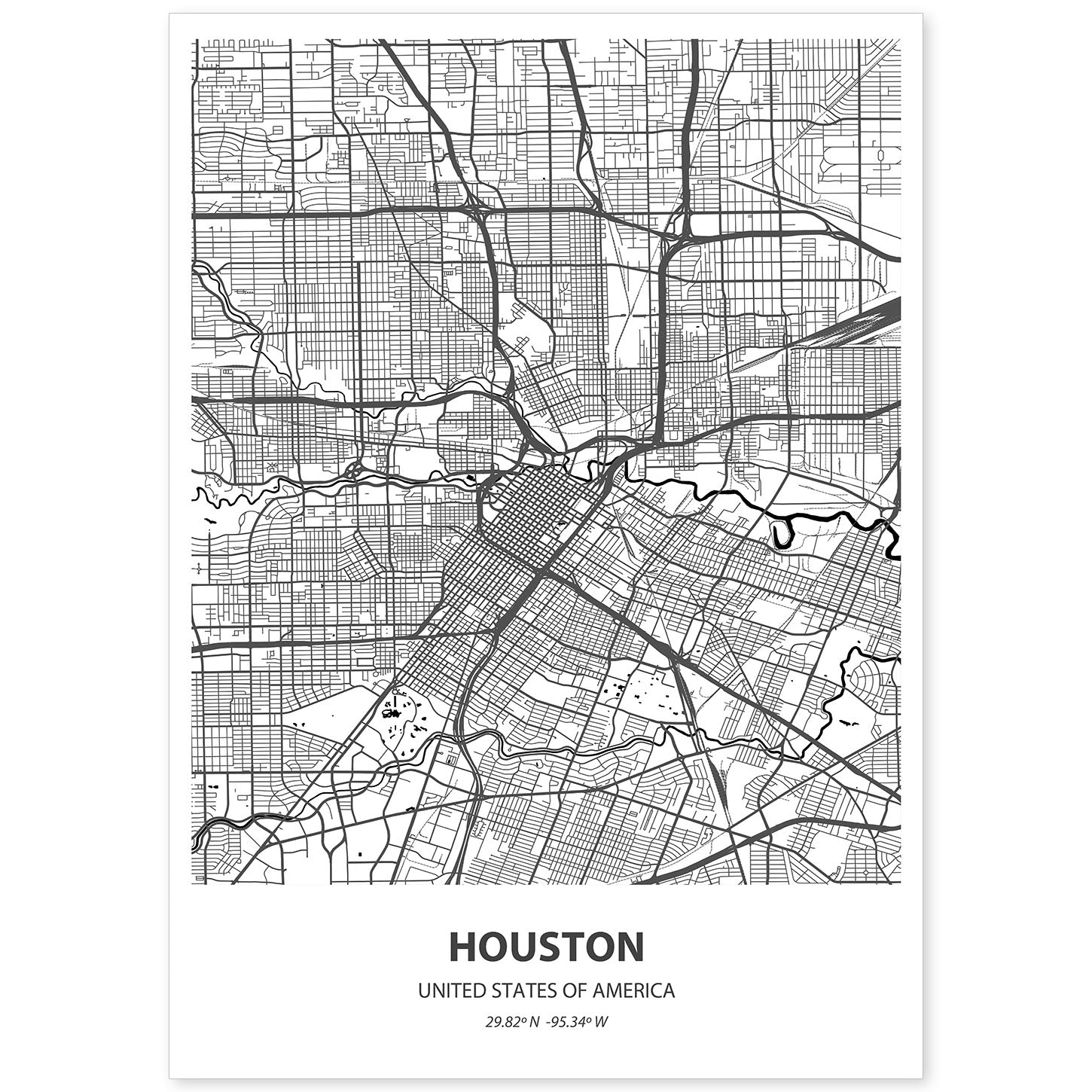 Poster con mapa de Houstonp - USA. Láminas de ciudades de Estados Unidos con mares y ríos en color negro.-Artwork-Nacnic-A4-Sin marco-Nacnic Estudio SL