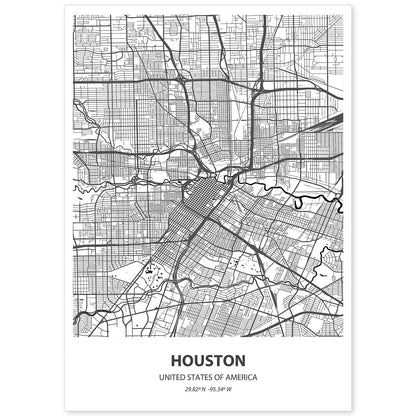 Poster con mapa de Houstonp - USA. Láminas de ciudades de Estados Unidos con mares y ríos en color negro.-Artwork-Nacnic-A4-Sin marco-Nacnic Estudio SL
