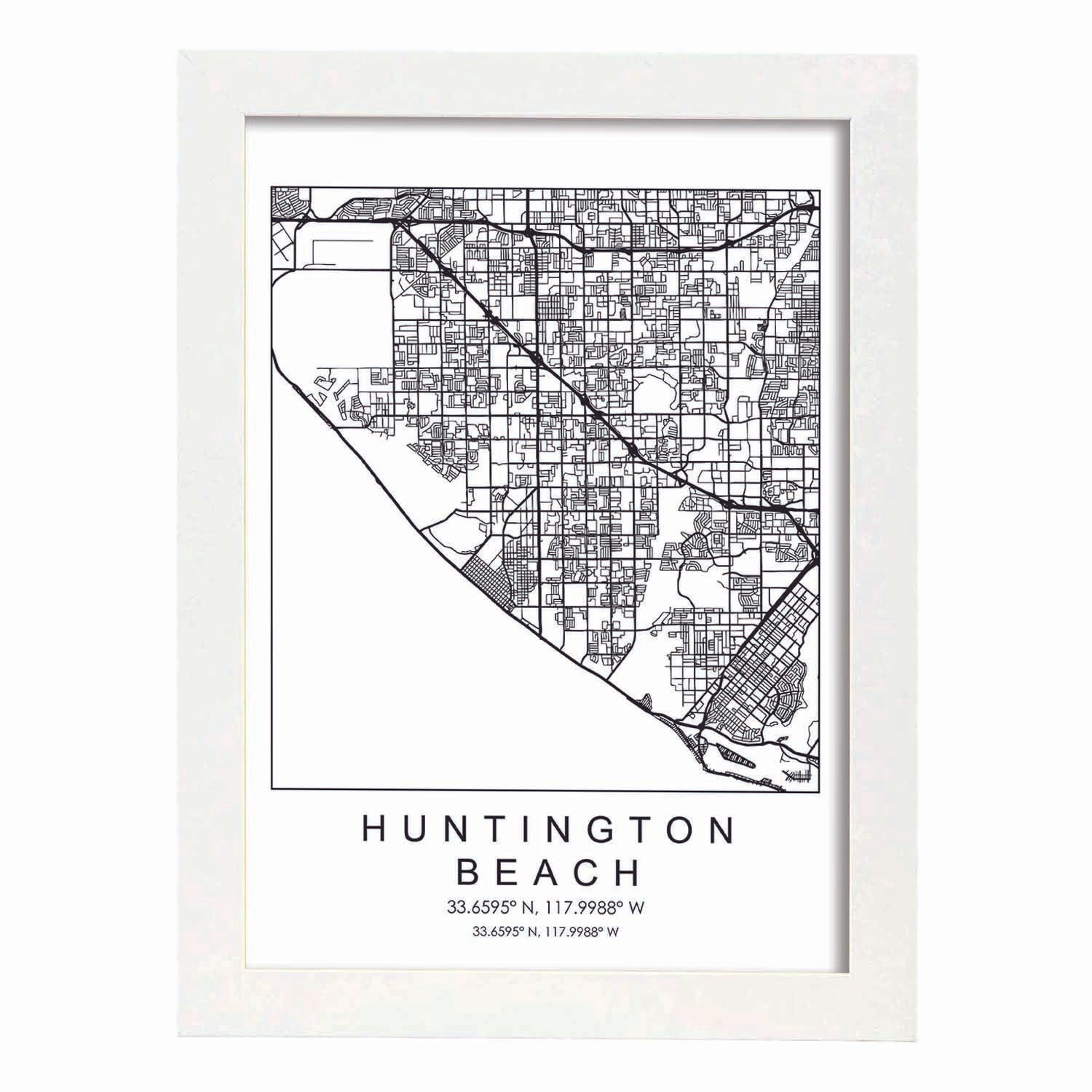 Poster con mapa de Huntington Beach. Lámina de Estados Unidos, con imágenes de mapas y carreteras-Artwork-Nacnic-A3-Marco Blanco-Nacnic Estudio SL