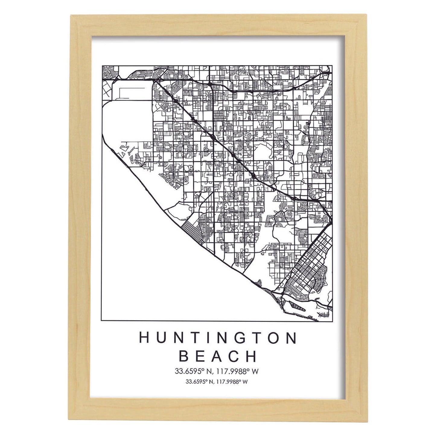 Poster con mapa de Huntington Beach. Lámina de Estados Unidos, con imágenes de mapas y carreteras-Artwork-Nacnic-A3-Marco Madera clara-Nacnic Estudio SL