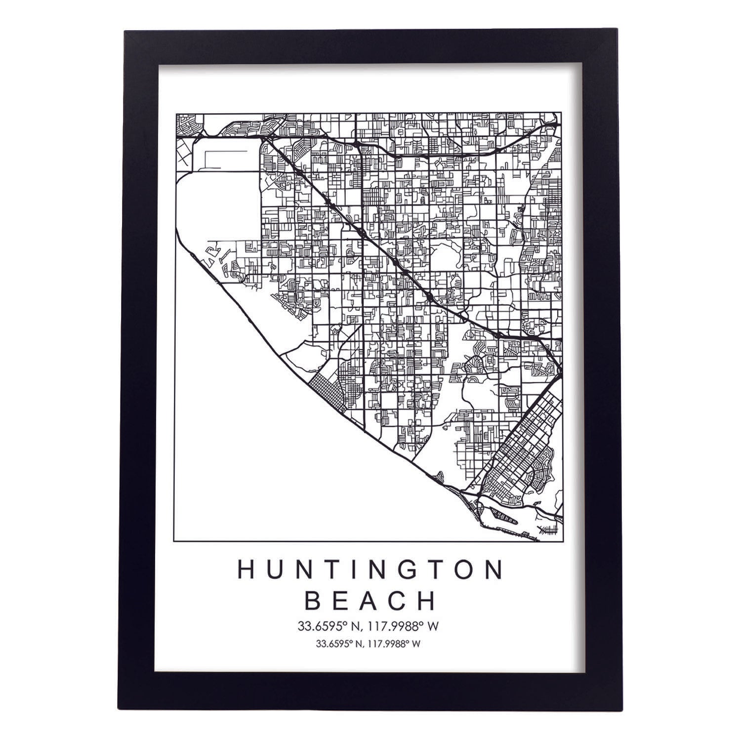 Poster con mapa de Huntington Beach. Lámina de Estados Unidos, con imágenes de mapas y carreteras-Artwork-Nacnic-A3-Marco Negro-Nacnic Estudio SL
