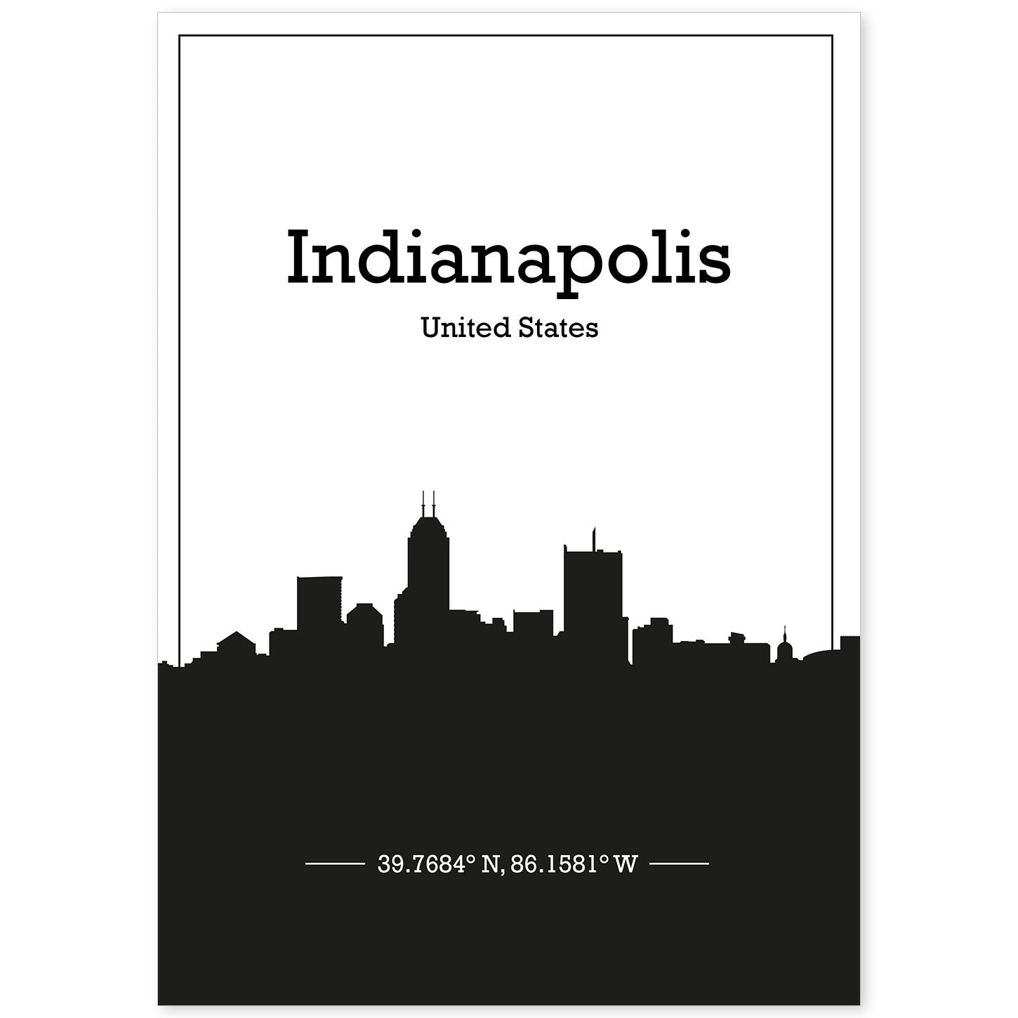 Poster con mapa de Indianapolis - USA. Láminas con Skyline de ciudades de Estados Unidos, Canada, Mexico con sombra negra.-Artwork-Nacnic-A4-Sin marco-Nacnic Estudio SL