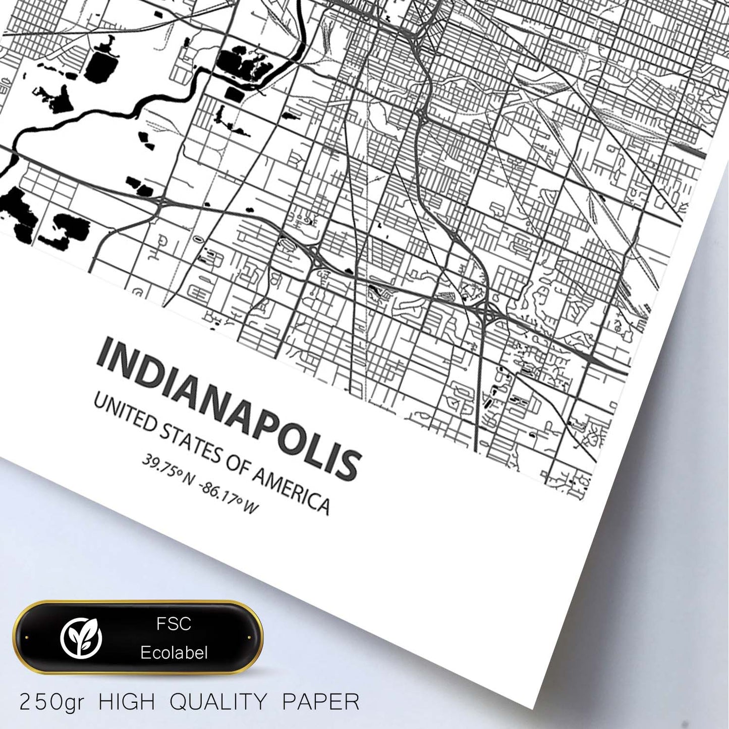 Poster con mapa de Indianapolis - USA. Láminas de ciudades de Estados Unidos con mares y ríos en color negro.-Artwork-Nacnic-Nacnic Estudio SL