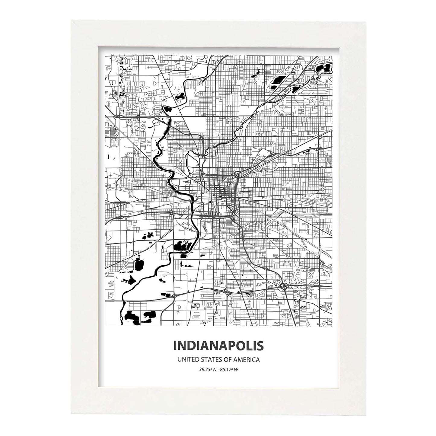 Poster con mapa de Indianapolis - USA. Láminas de ciudades de Estados Unidos con mares y ríos en color negro.-Artwork-Nacnic-A3-Marco Blanco-Nacnic Estudio SL