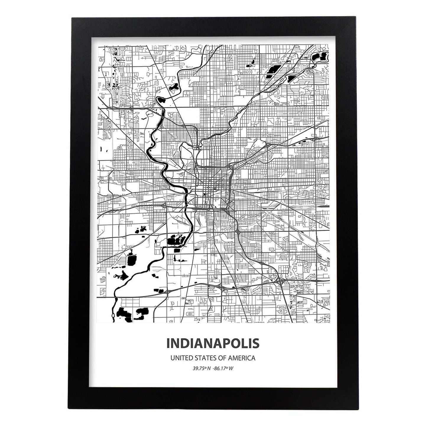 Poster con mapa de Indianapolis - USA. Láminas de ciudades de Estados Unidos con mares y ríos en color negro.-Artwork-Nacnic-A3-Marco Negro-Nacnic Estudio SL