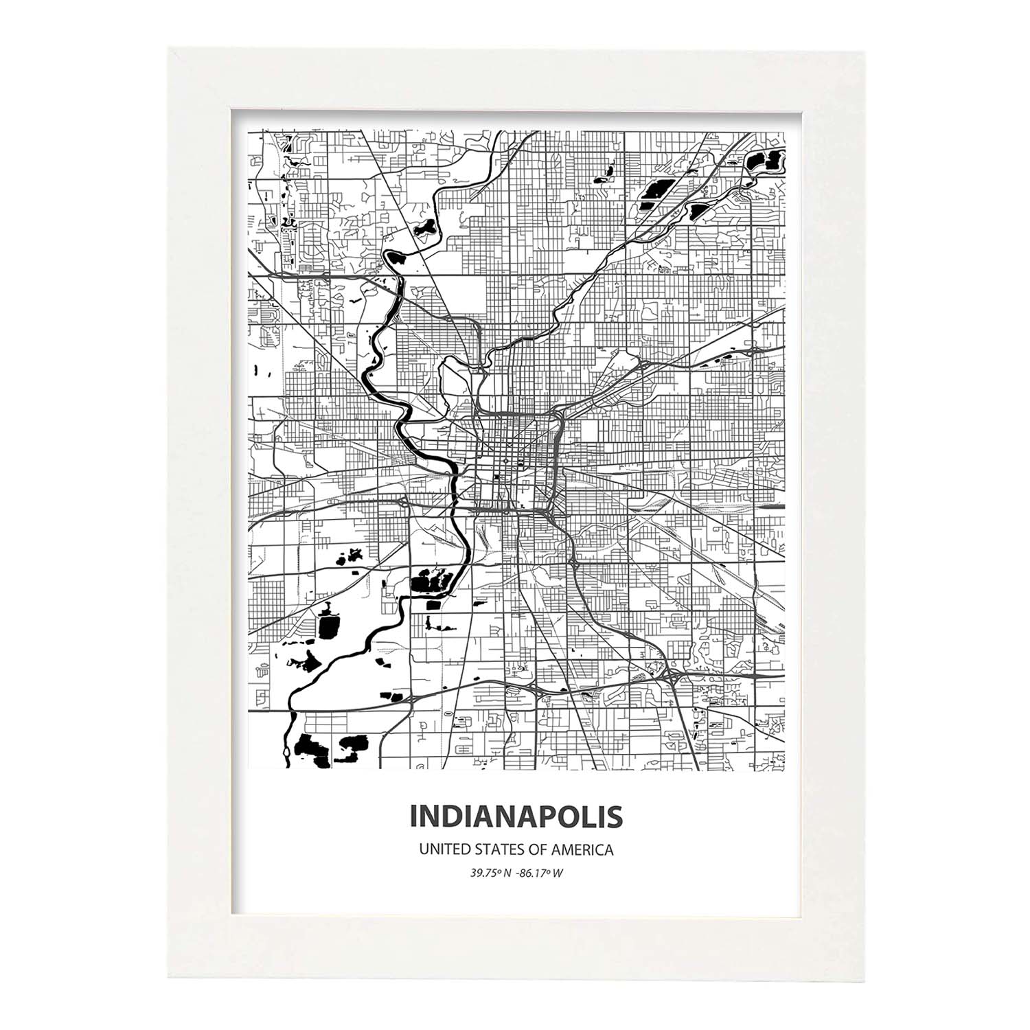 Poster con mapa de Indianapolis - USA. Láminas de ciudades de Estados Unidos con mares y ríos en color negro.-Artwork-Nacnic-A4-Marco Blanco-Nacnic Estudio SL