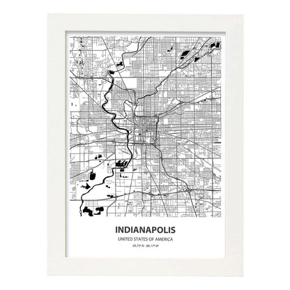 Poster con mapa de Indianapolis - USA. Láminas de ciudades de Estados Unidos con mares y ríos en color negro.-Artwork-Nacnic-A4-Marco Blanco-Nacnic Estudio SL