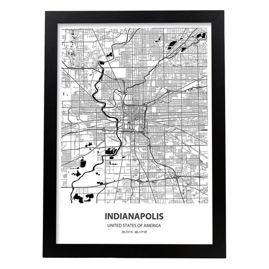 Poster con mapa de Indianapolis - USA. Láminas de ciudades de Estados Unidos con mares y ríos en color negro.-Artwork-Nacnic-A4-Marco Negro-Nacnic Estudio SL
