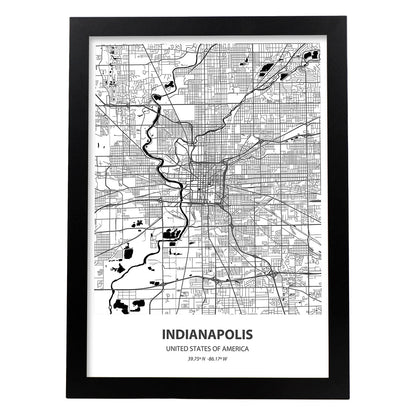 Poster con mapa de Indianapolis - USA. Láminas de ciudades de Estados Unidos con mares y ríos en color negro.-Artwork-Nacnic-A4-Marco Negro-Nacnic Estudio SL