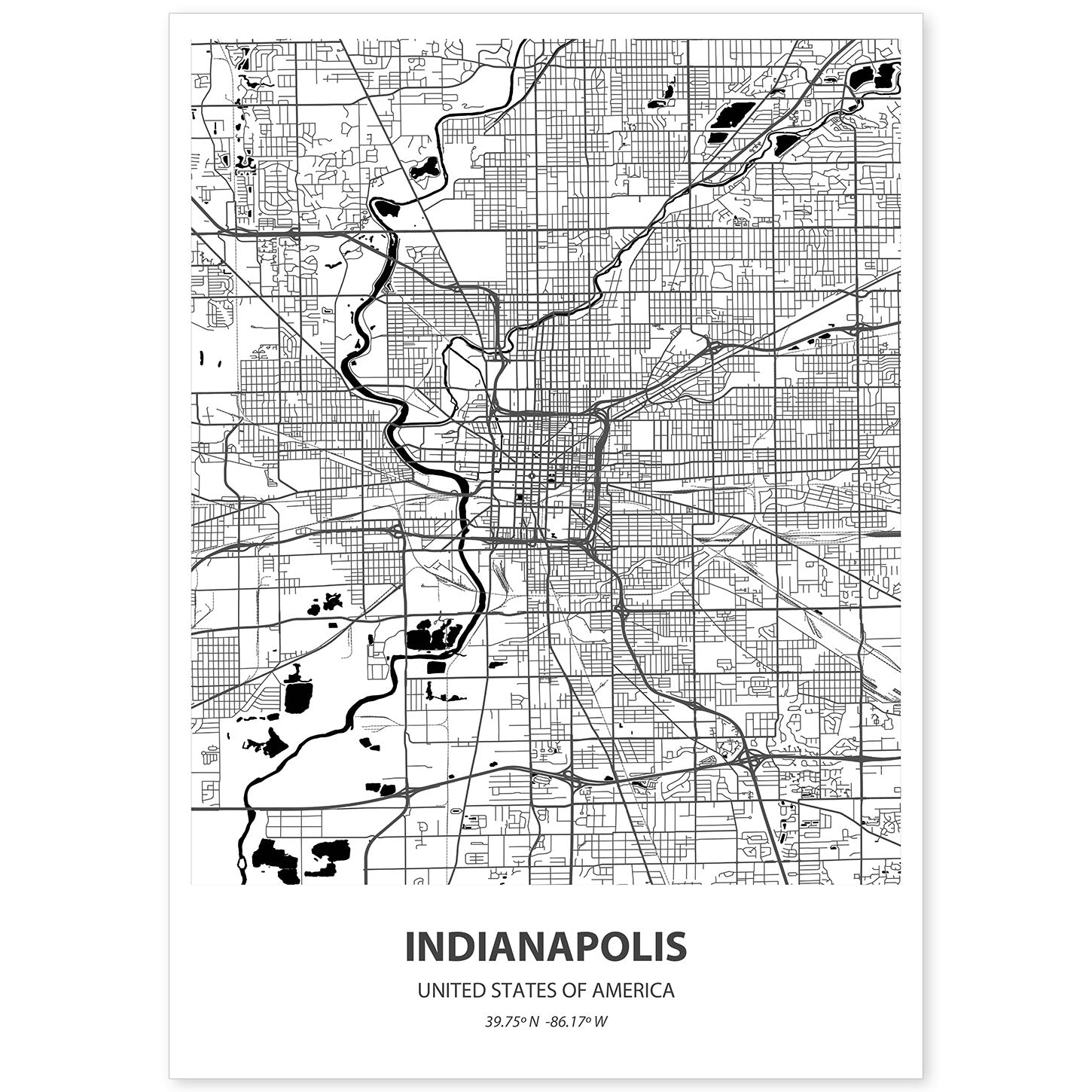 Poster con mapa de Indianapolis - USA. Láminas de ciudades de Estados Unidos con mares y ríos en color negro.-Artwork-Nacnic-A4-Sin marco-Nacnic Estudio SL